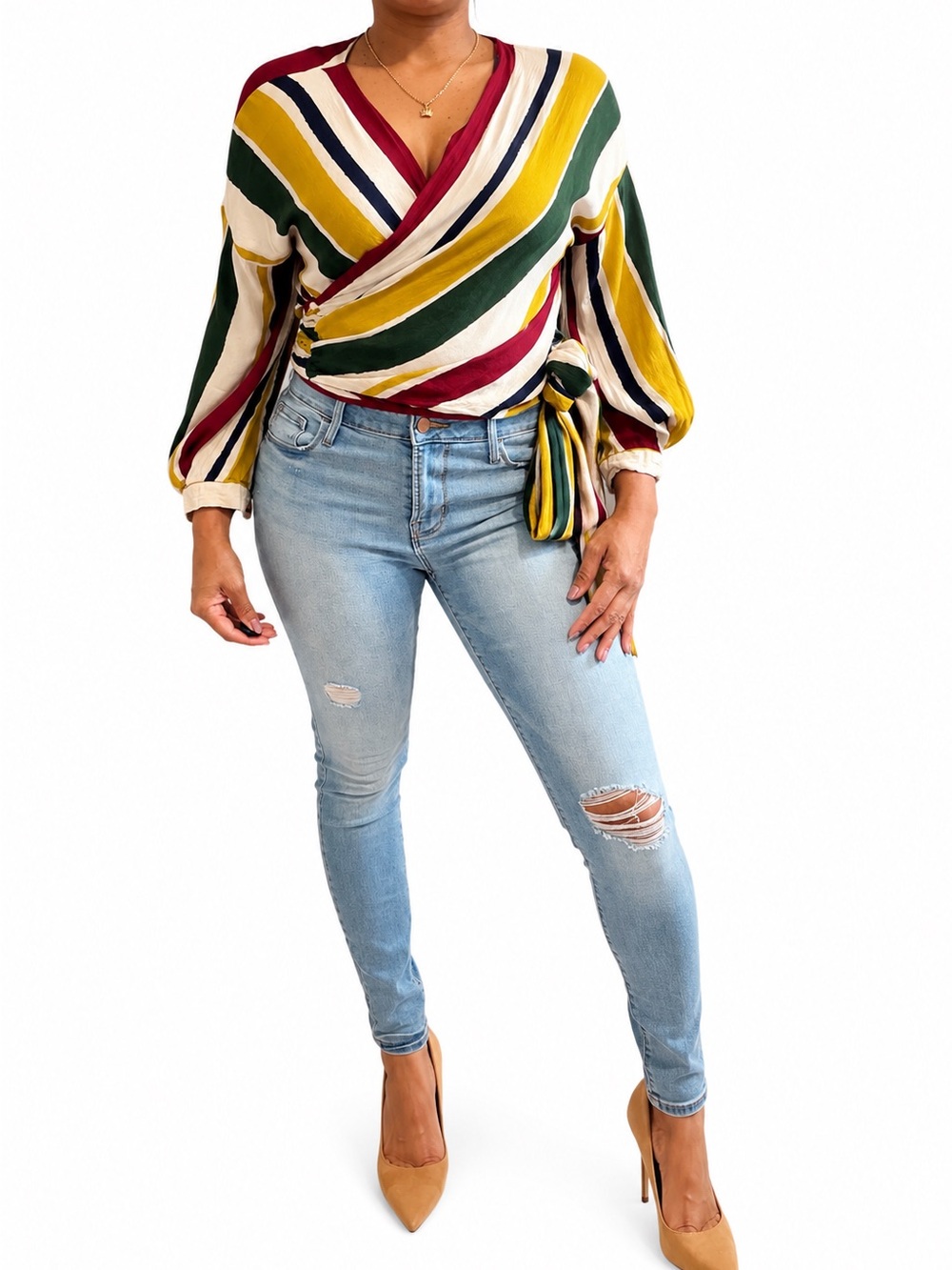 Zara Basic Multicolor Striped Wrap Top Balloon Sleeve Tie Waist Blouse M